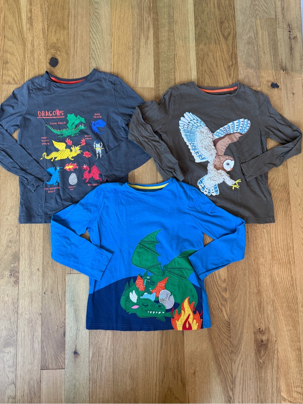 Mini Boden Boys 9-10Y Dragon Owl Appliqué Long Sleeve Shirt Lot of 3